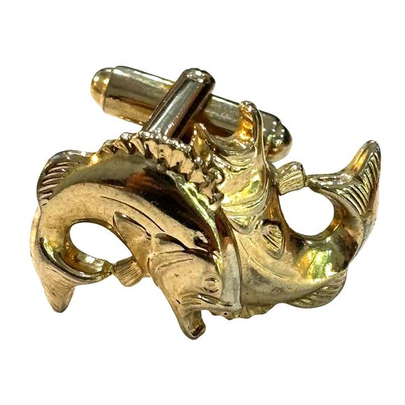 Vintage Mid Century Goldtone Cufflinks Swordfish Fishing Novelty Jewelry for Man - Picture 5 of 5